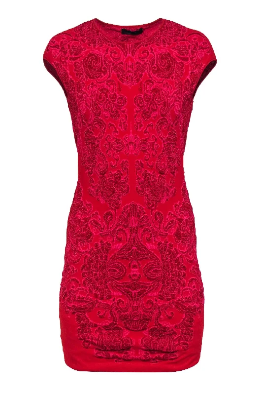 RVN - Hot Pink & Red Metallic Filigree Knit Bodycon Dress Sz S Chic Bodycon Fit