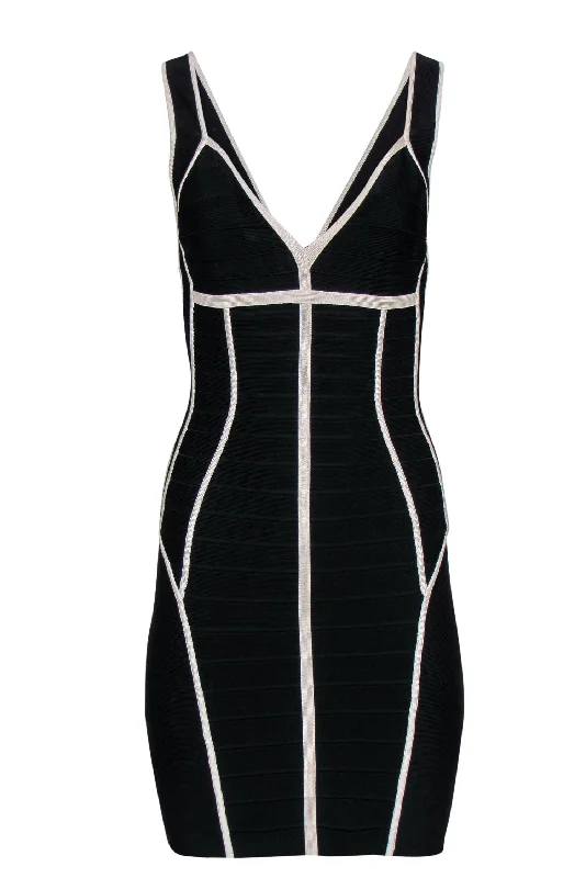 Herve Leger - Black & White Plunge Bodycon Bandage Dress Sz M Sleeveless Bodycon Gown