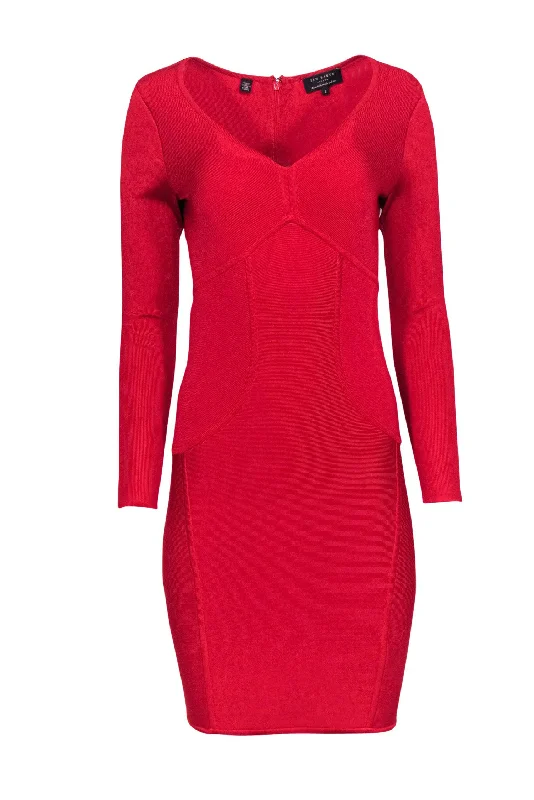 Ted Baker - Red Knit Long Sleeve Bodycon Dress Sz 6 Bodycon Dress Trend