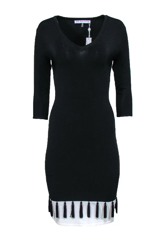 Trina Turk - Black Long Sleeve V-Neck Bodycon Dress w/ Tassel Hem Sz S Bodycon Dress Night