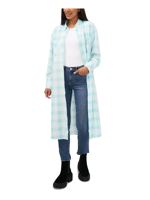 RILEY&RAE Womens Light Blue Ruffled Pocketed Slitted Button Down Plaid Cuffed Sleeve Point Collar Below The Knee Shirt Dress Printed Shirt Dress