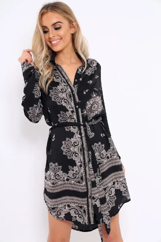 Black Satin Paisley Print Button Front Shirt Dress - Hailie Pleated Shirt Dress