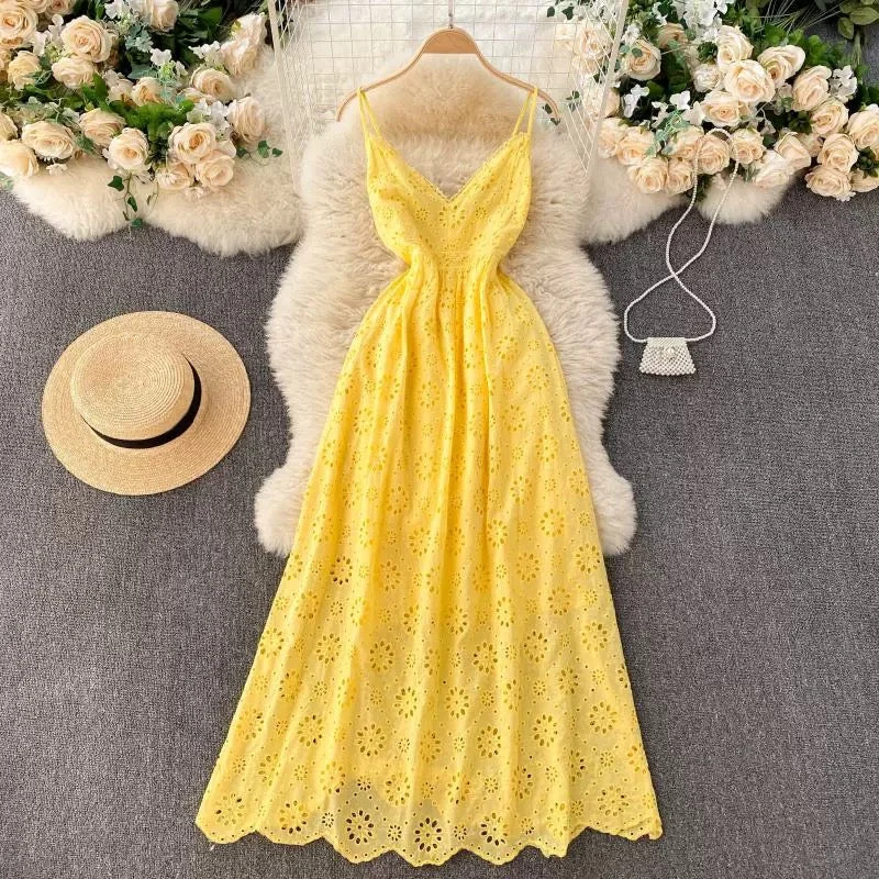 Joey Cotton Eyelet Midi Dress In Yellow Tulle A-line Skirt