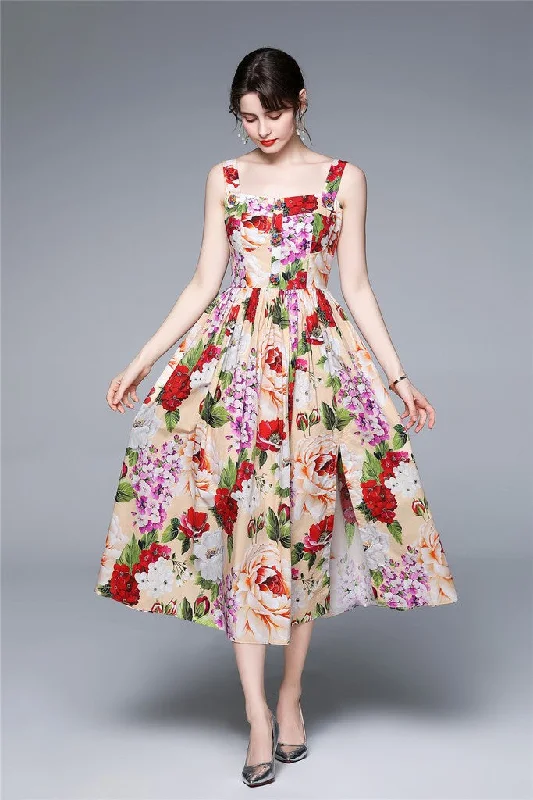 Multicolor Day A-line Off The Shoulder Strap Midi Floral Dress Elegant A-line Skirt