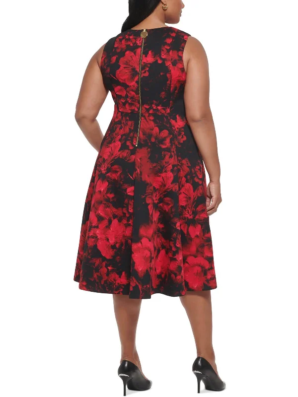 Plus Womens Floral Midi Fit & Flare Dress Lace-up Midi Skirt