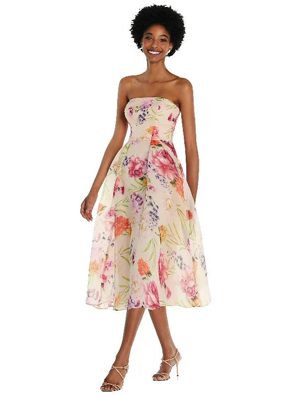 Strapless Pink Floral Organdy Midi Dress Button-down Midi Skirt