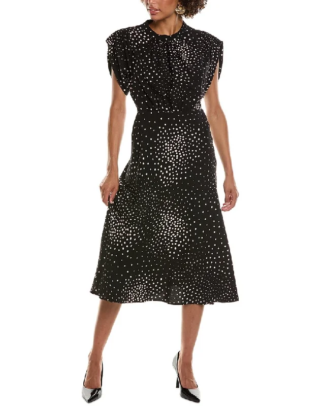 Teri Jon by Rickie Freeman Crepe Polka Dot Cinched Midi Dress Vintage Printed Skirt