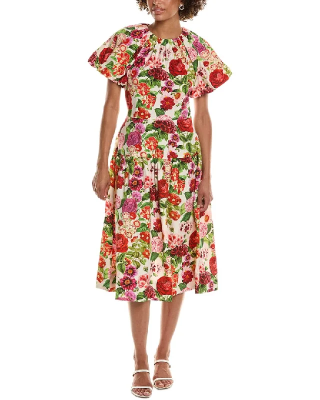 Teri Jon by Rickie Freeman Floral Puff Sleeve Midi Dress Front Button Midi