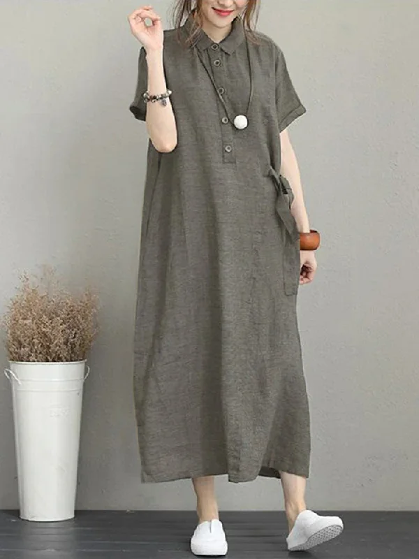 Vintage Turn-down Collar Side Pocket Shirt Dress Shift Shirt Dress