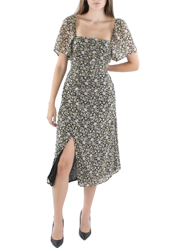 Womens Floral Print Calf Midi Dress Polka Dot Midi