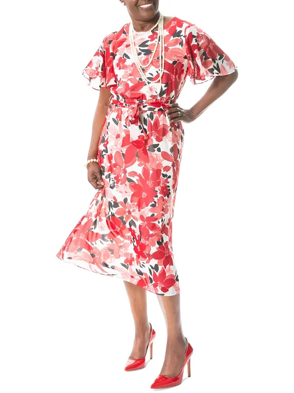 Womens Floral Print Calf Midi Dress Classic A-line Skirt