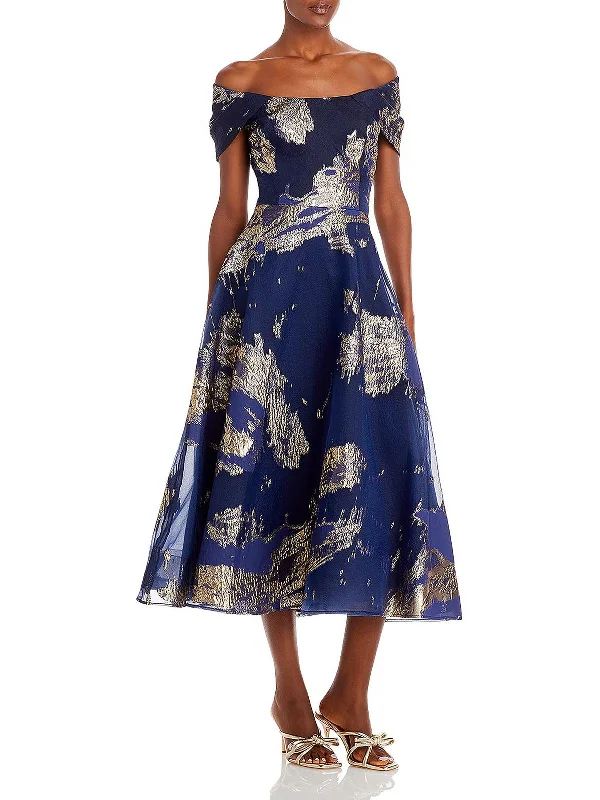 Womens Jacquard Off-The-Shoulder Midi Dress Cozy Midi Dress