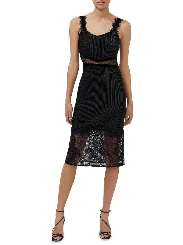 Womens Lace Inset Midi Cocktail and Party Dress Black Midi Skirt